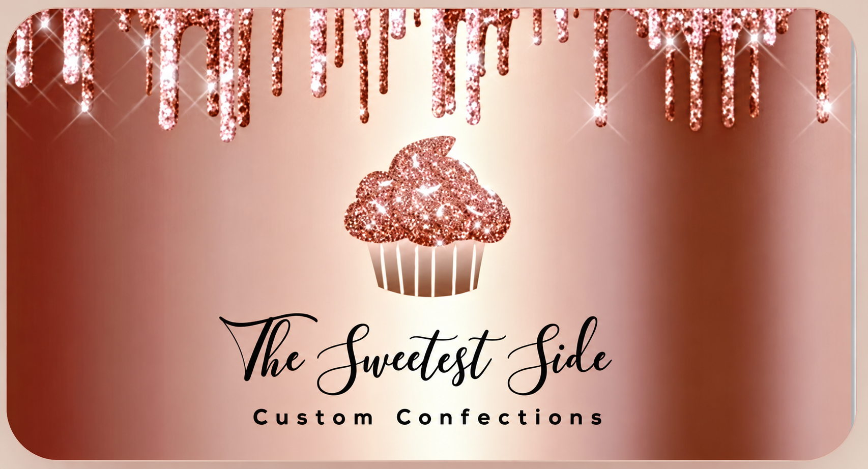 The Sweetest Side custom confections logo featuring a rose-gold glitter cupcake